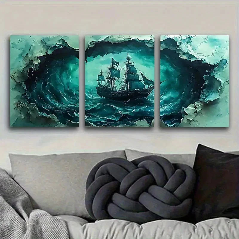 3pcs Ancient Ship at Sea Storm Art Wall Art Set Canvas Framed 50x70cm - High Quality Print 100% Australian Made Wall Canvas Ready to Hang - Bella Home Decor