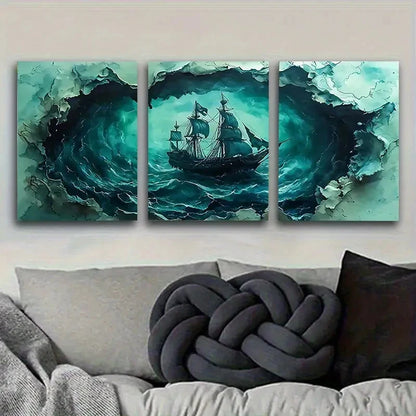 3pcs Ancient Ship at Sea Storm Art Wall Art Set Canvas Framed 50x70cm - High Quality Print 100% Australian Made Wall Canvas Ready to Hang - Bella Home Decor