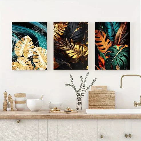 3pcs Stylish Black and Golden Feathers Leaves Wall Art Canvas Unframed - High Quality Print 100% Australian Made Wall Canvas