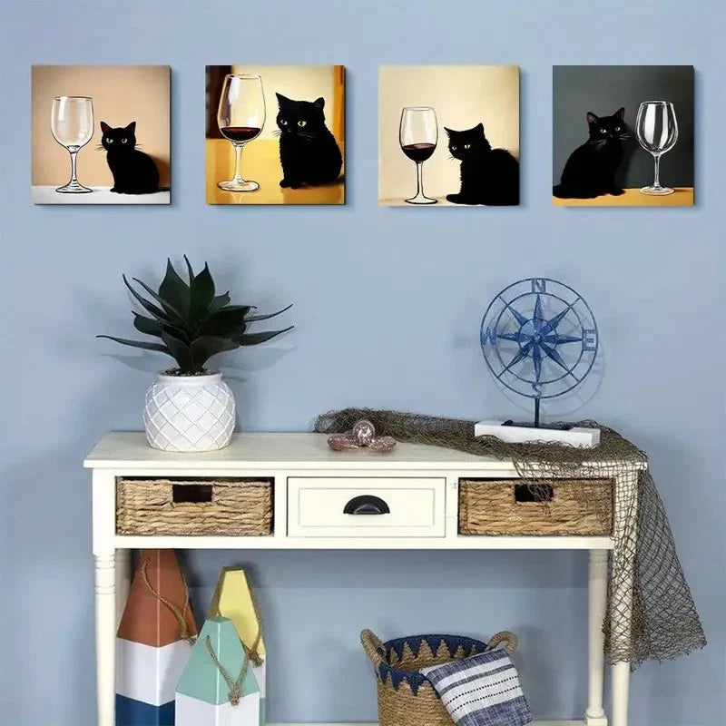 4pcs black cat had a red wine glass Wall Art Canvas Framed
