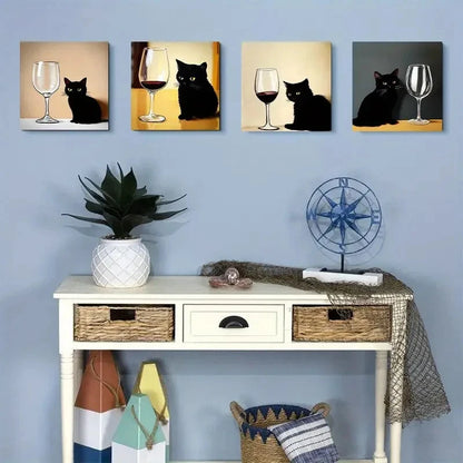 4pcs black cat had a red wine glass Wall Art Canvas Framed
