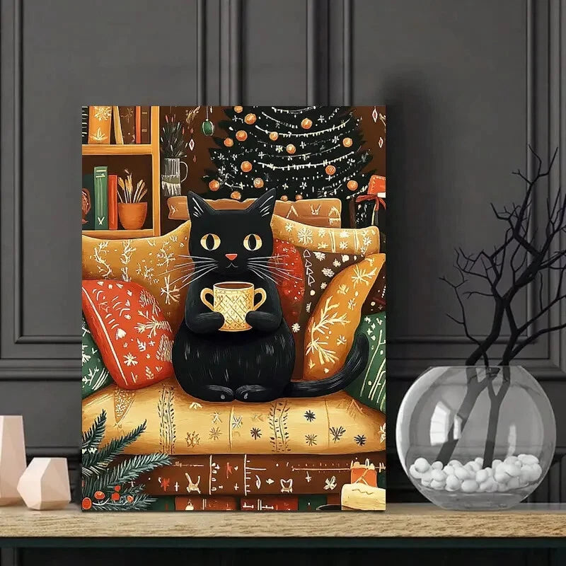 Black Cat Sitting On a Sofa With a Cup Painting  40x60cm Metal Print Ready to Hang