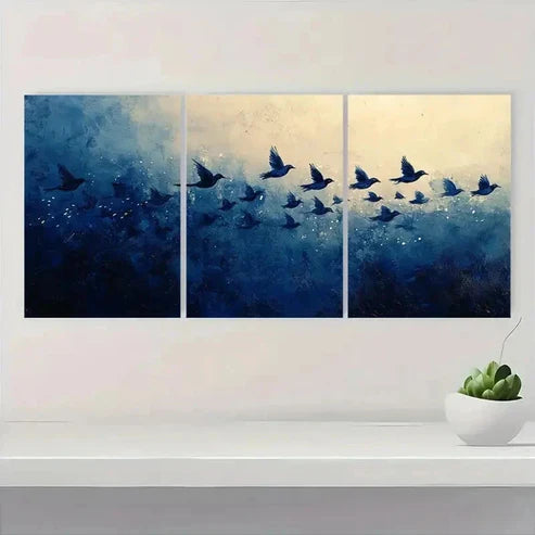 3pcs Abstract Navy Blue Bird Flock  Wall Art Set Canvas Unframed – High Quality Print 100% Australian Made Wall Canvas - Bella Home Decor