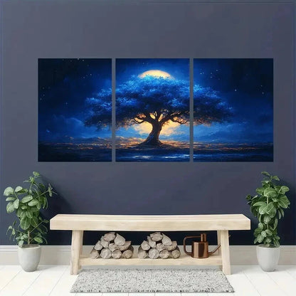 3pcs Blue Tree Landscape with Moonlit Sky Wall Art Set Canvas Framed 50x70cm - High Quality Print 100% Australian Made Wall Canvas Ready to Hang - Bella Home Decor