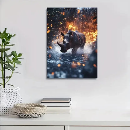 Cartoon Rhino Splashing in Water with Glowing Painting 40x60cm Metal Print Ready to Hang - Bella Home Decor
