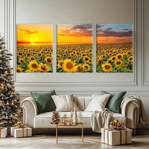 3pcs Golden Sunset Fields with Sunflower Wall Art Set Canvas Unframed - High Quality Print 100% Australian Made Wall Canvas - Bella Home Decor