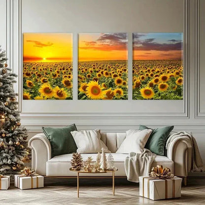 3pcs Golden Sunset Fields with Sunflower Wall Art Set Canvas Unframed - High Quality Print 100% Australian Made Wall Canvas - Bella Home Decor