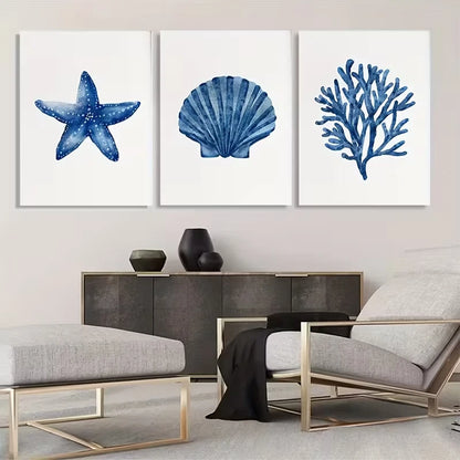 3pcs Navy Blue Coral Seashell Starfish  Wall Art Set Canvas Framed 40x60cm - High Quality Print 100% Australian Made Wall Canvas Ready to Hang
