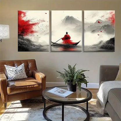 3pcs Traditional Boat Zen Red Perfect Wall Art Set Canvas Unframed - High Quality Print 100% Australian Made Wall Canvas