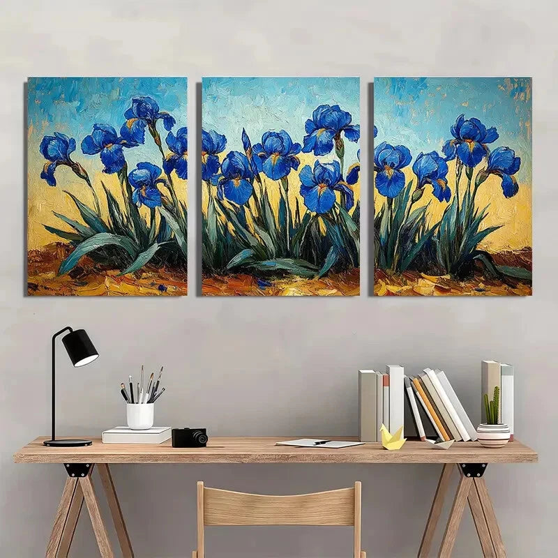 3pcs Vibrant Blue Flowers in Golden Hues Metal Print Ready to Hang Art - Bella Home Decor