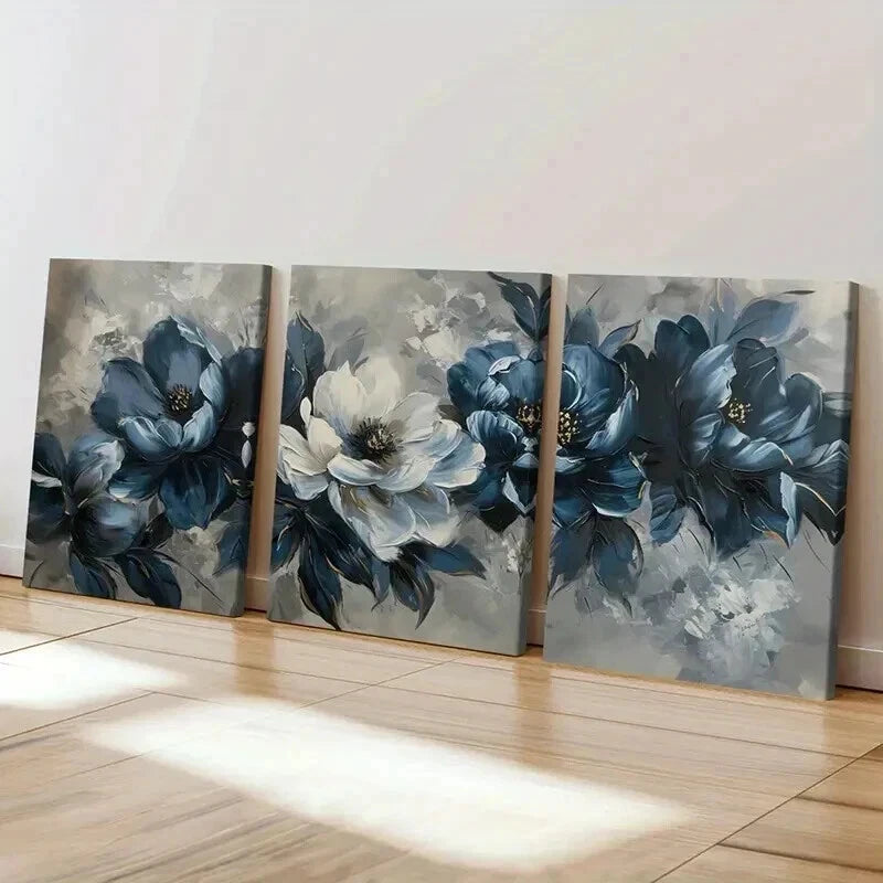 3pcs Elegant Blue & White Floral Decoration Wall Art Set Canvas Framed 60x90cm - High Quality Print 100% Australian Made Wall Canvas Ready to Hang - Bella Home Decor