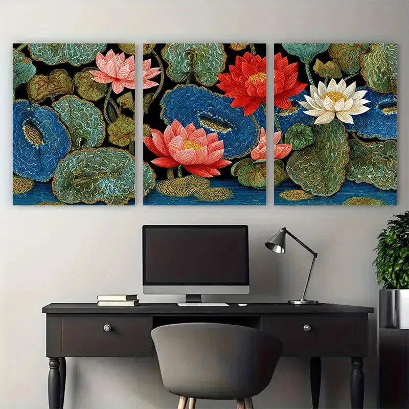 3pcs Vintage India Floral Panchway Perfect Wall Art Set Canvas Framed 40x60cm - High Quality Print 100% Australian Made Wall Canvas Ready to Hang