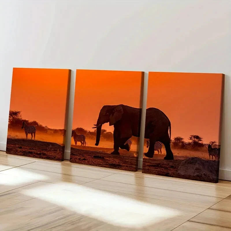 3pcs African Elephant in a Grassland at Sunset Wall Art Set Canvas Framed 50x70cm - High Quality Print 100% Australian Made Wall Canvas Ready to Hang - Bella Home Decor