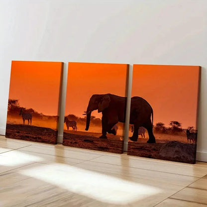 3pcs African Elephant in a Grassland at Sunset Wall Art Set Canvas Framed 50x70cm - High Quality Print 100% Australian Made Wall Canvas Ready to Hang - Bella Home Decor