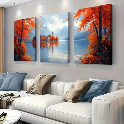 3pcs Vibrant Orange Trees Mountain Reflections  Wall Art Canvas Unframed - High Quality Print 100% Australian Made Wall Canvas
