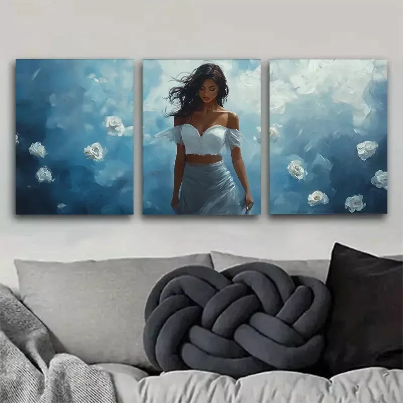 3pcs Stunning Blue Dreamy Elegant Lady Wall Art Set Canvas Framed 50x70cm - High Quality Print 100% Australian Made Wall Canvas Ready to Hang