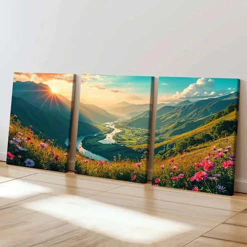 3pcs Valley Under Sunset Nature Scenery Wall Art Canvas Unframed - High Quality Print 100% Australian Made Wall Canvas