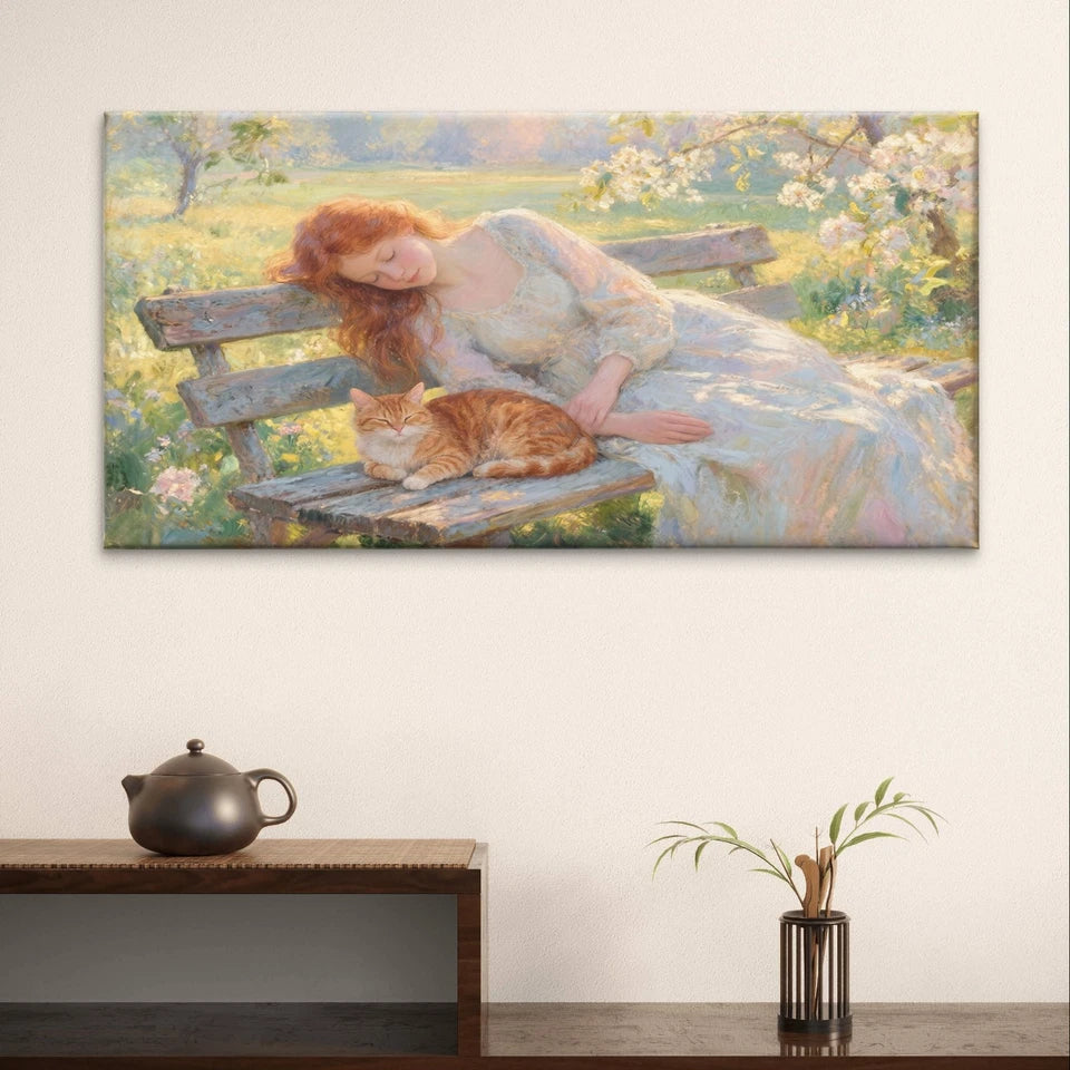 Woman and Cat Sleeping on Bench Wall Art Canvas Office Home Framed 120x60cm