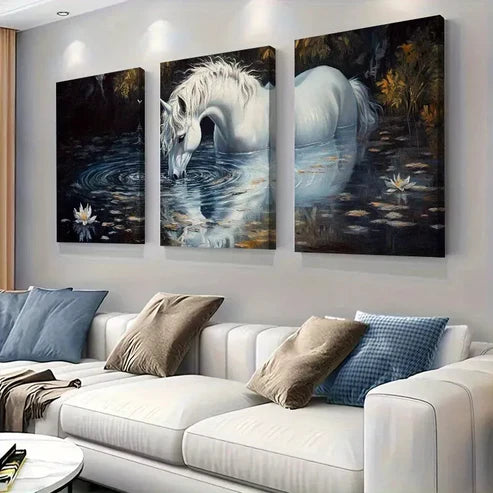 3pcs Mystical Fantasy White Unicorn in Water Wall Art Set Canvas Unframed - High Quality Print 100% Australian Made Wall Canvas