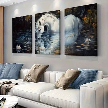 3pcs Mystical Fantasy White Unicorn in Water Wall Art Set Canvas Unframed - High Quality Print 100% Australian Made Wall Canvas