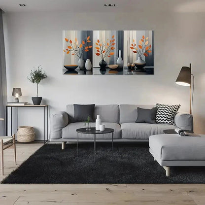 3pcs Modern Abstract Orange Leaf Vase Metal Print Ready to Hang Art