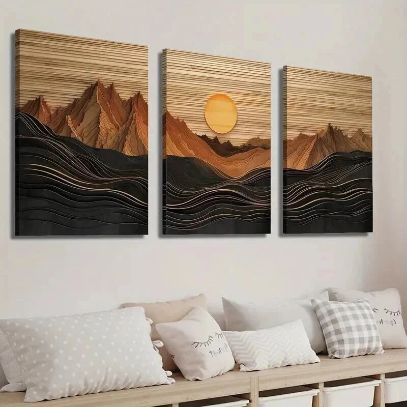 3pcs Abstract Sunset Mountain Landscape Perfect Wall Art Set Canvas Framed 60x90cm - High Quality Print 100% Australian Made Wall Canvas Ready to Hang - Bella Home Decor