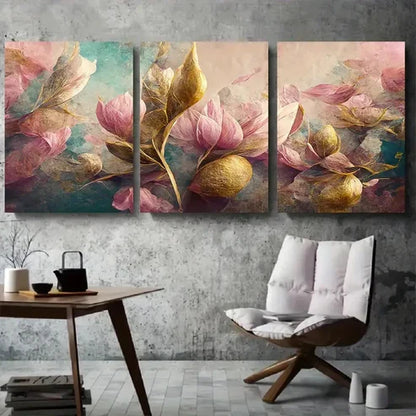 3pcs Elegant Pink & Golden Magnolia Floral Wall Art Canvas Unframed - High Quality Print 100% Australian Made Wall Canvas