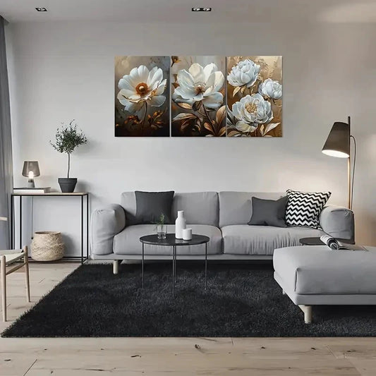 3pcs Modern Abstract White Floral Wall Art Set Canvas Framed 60x90cm - High Quality Print 100% Australian Made Wall Canvas Ready to Hang