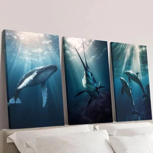 3pcs Diving Whale Swordfish & Dolphins Wall Art Set Canvas Unframed - High Quality Print 100% Australian Made Wall Canvas - Bella Home Decor