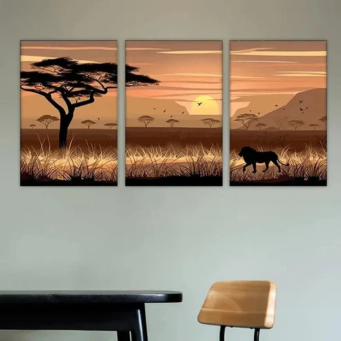 3pcs sunset with lion in the forest Wall Art Set Canvas Unframed - High Quality Print 100% Australian Made Wall Canvas
