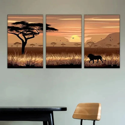 3pcs sunset with lion in the forest Wall Art Set Canvas Unframed - High Quality Print 100% Australian Made Wall Canvas