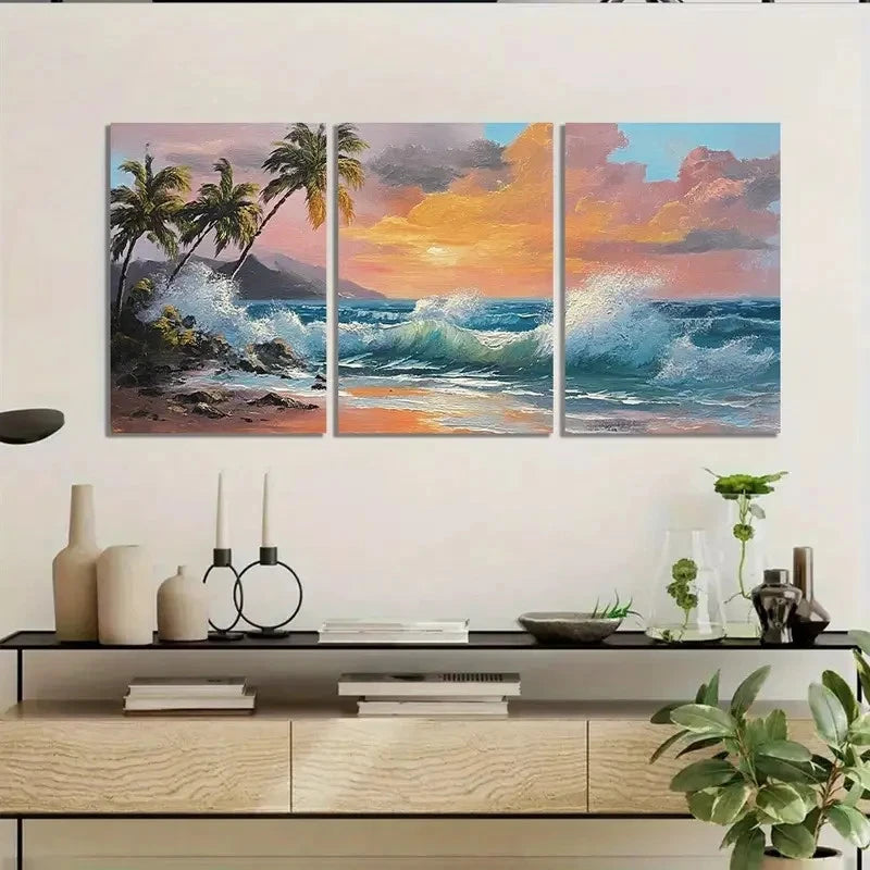 3pcs Hawaiian Beach Scene With Palm Trees Wall Art Set Canvas Framed 40x60cm - High Quality Print 100% Australian Made Wall Canvas Ready to Hang