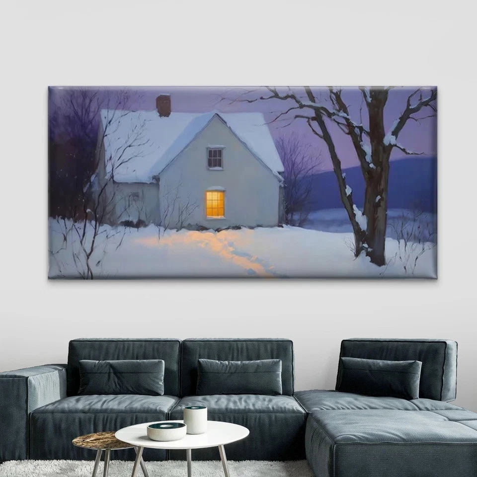 Snow Cottage Landscape Wall Art Canvas Office Home Room Framed 120x60cm
