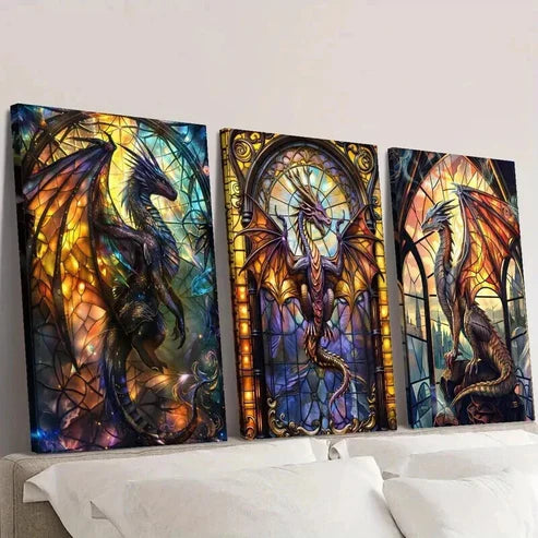 3pcs Science Fiction Dragon Illustrations Wall Art Canvas Unframed - High Quality Print 100% Australian Made Wall Canvas