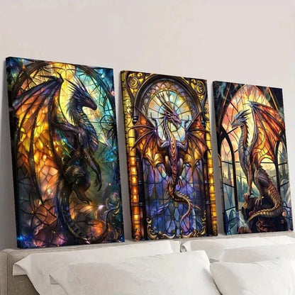 3pcs Science Fiction Dragon Illustrations Wall Art Canvas Unframed - High Quality Print 100% Australian Made Wall Canvas