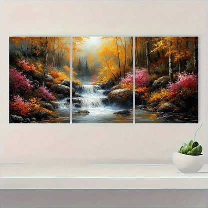 3pcs Autumn Forest Waterfall & Misty Mountains Wall Art Canvas Unframed - High Quality Print 100% Australian Made Wall Canvas - Bella Home Decor