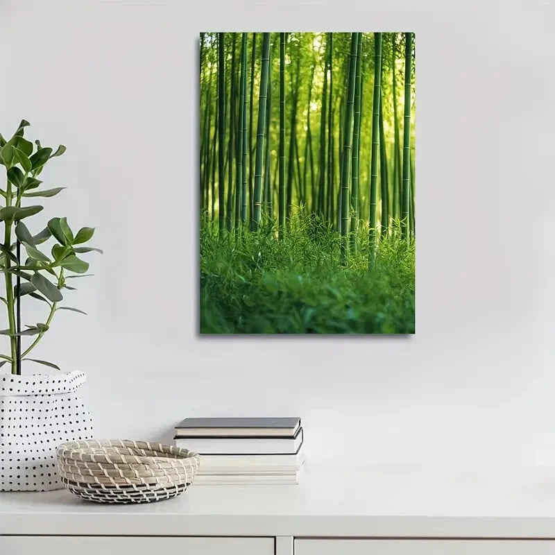Serene Green Bamboo Forest Scene Painting 40x60cm Metal Print Ready to Hang - Bella Home Decor