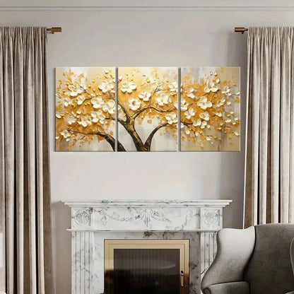 3pcs Abstract Golden Leaf White Flowers Wall Art Set Canvas Framed 60x90cm - High Quality Print 100% Australian Made Wall Canvas Ready to Hang - Bella Home Decor
