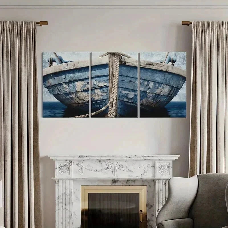 3pcs Blue Wooden Boat & Rope Design Wall Art Set Canvas Framed 40x60cm - High Quality Print 100% Australian Made Wall Canvas Ready to Hang - Bella Home Decor