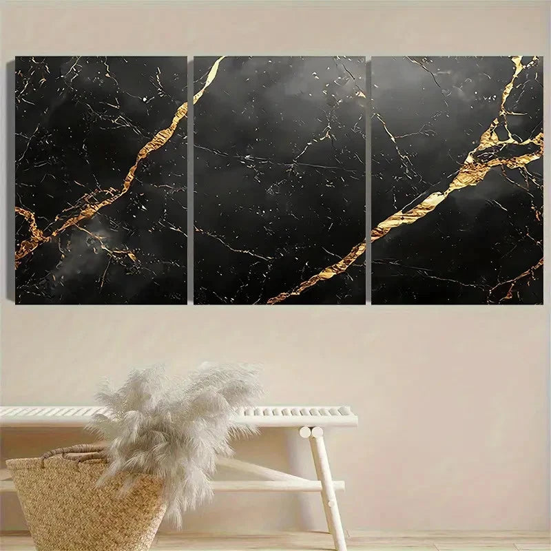 3pcs Black and Golden Marble Wall Art Set Canvas Framed 40x60cm - High Quality Print 100% Australian Made Wall Canvas Ready to Hang - Bella Home Decor