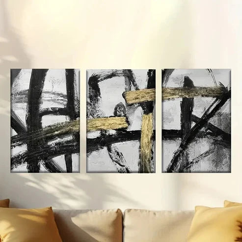 3pcs Painting with black & Golden paint strokes Wall Art Set Canvas Unframed - High Quality Print 100% Australian Made Wall Canvas