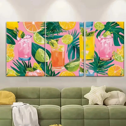 3pcs Summer Bar Cart Art Print, Pink Coconut Wall Art Set Canvas Framed 50x70cm - High Quality Print 100% Australian Made Wall Canvas Ready to Hang