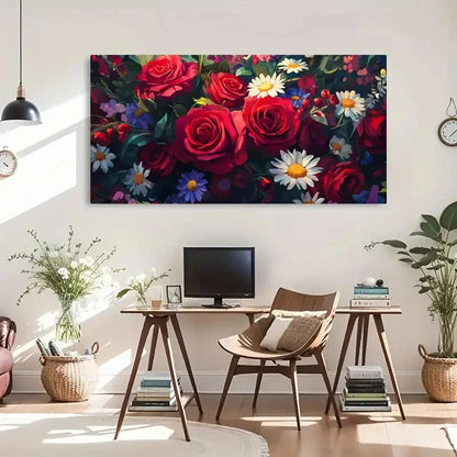 Daisies Roses Vibrant Bouquet Wall Art Canvas Office Home Room Framed 120x60cm