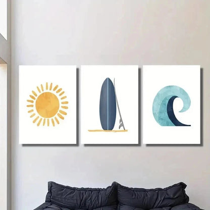 3pcs Sunshine Doodle Blue Surfboard & Wave Wall Art Set Canvas Framed 40x60cm - High Quality Print 100% Australian Made Wall Canvas Ready to Hang