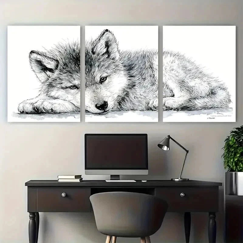 3pcs Baby Wolf Animal Nursery Perfect Wall Art Set Canvas Framed 50x70cm - High Quality Print 100% Australian Made Wall Canvas Ready to Hang - Bella Home Decor