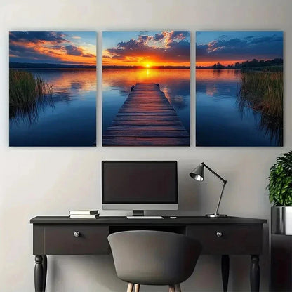 3pcs Serene Lakeside Jetty At Sunset Perfect Wall Art Set Canvas Framed 50x70cm - High Quality Print 100% Australian Made Wall Canvas Ready to Hang