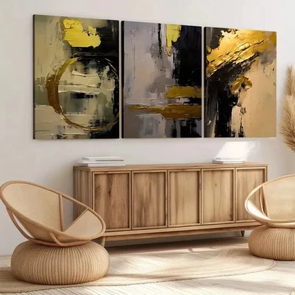 3pcs Golden and Black Abstract Oil Painting Wall Art Set Canvas Unframed - High Quality Print 100% Australian Made Wall Canvas - Bella Home Decor