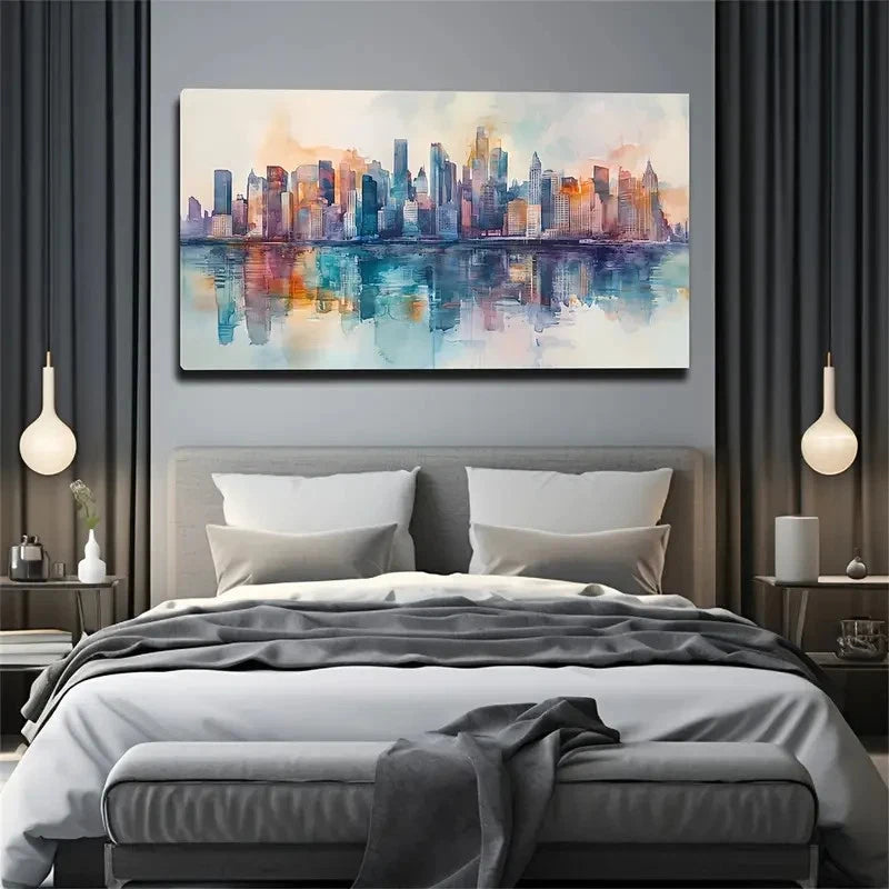 High Buildings By The Big River Wall Art Canvas Office Home Room Framed 120x60cm