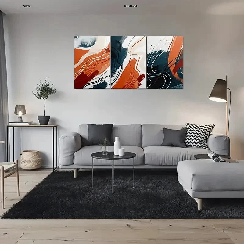 3pcs Abstract Design Orange Blue Metal Print Ready to Hang Art - Bella Home Decor