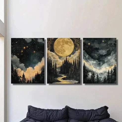 3pcs The Woods Under the Moonlight & Stars Wall Art Canvas Unframed - High Quality Print 100% Australian Made Wall Canvas